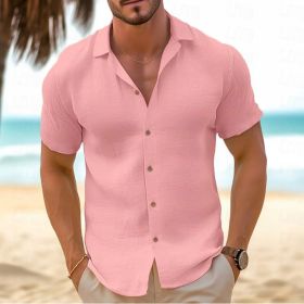 Men's Short-Sleeved Button-Down Shirt Summer Slim-Fit Lapel Shirts Casual Beachwear Clothing (Option: Pink-XXXL)