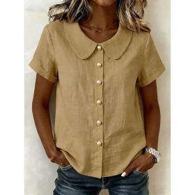 Womens Solid-Colored Short-Sleeve Casual Loose Cotton-Linen Shirt (Option: Khaki-L)