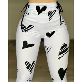 Drawstring Heart Print Yoga Sports Hip-hop Fitness Leggings (Option: White-L)