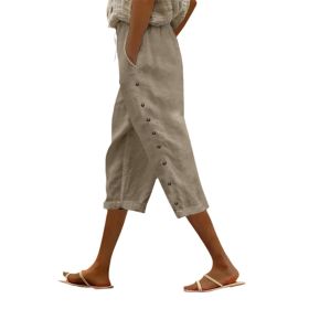 Casual Patchwork Button Cropped Pants For Women (Option: Khaki-L)