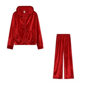 Fashion Rhinestone Velvet Sports And Leisure Suit Two-piece Set (Option: Red-L)