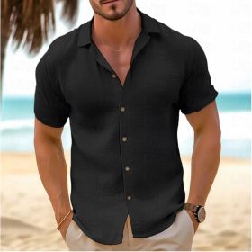 Men's Short-Sleeved Button-Down Shirt Summer Slim-Fit Lapel Shirts Casual Beachwear Clothing (Option: Black-XXXL)