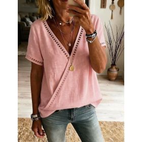 Casual Patchwork Hollow-Out Lace V-Neck Short-Sleeve Top (Option: Pink-L)