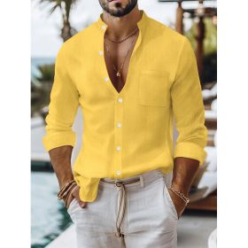 Solid-color Cotton-linen Shirt, Mandarin-collar Cardigan, Long-sleeve Business-casual Shirt (Option: Yellow-L)
