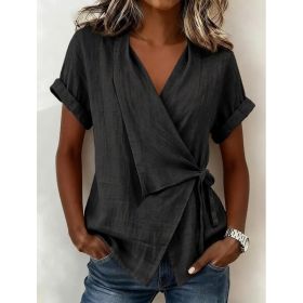 Women's Casual Lapel Collar Lace-Up Short-Sleeve Top (Option: Black-3XL)