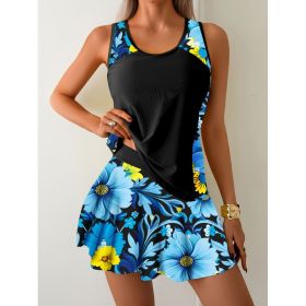 Sunflower-patterned Bright-colored Skirt-style Swimsuit (Option: 1461 Black-L)