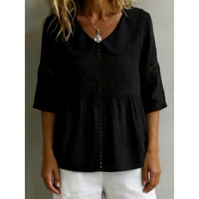 Womens Doll-Neck Hollow-Out Cotton-Linen Top (Option: Black-XL)