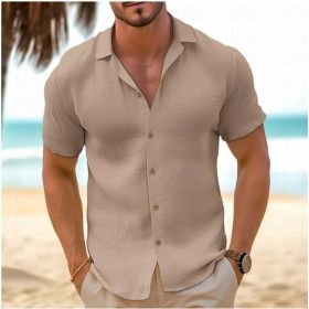 Men's Short-Sleeved Button-Down Shirt Summer Slim-Fit Lapel Shirts Casual Beachwear Clothing (Option: Khaki-XXXL)
