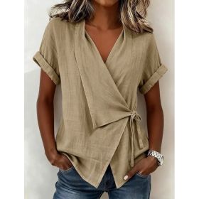 Women's Casual Lapel Collar Lace-Up Short-Sleeve Top (Option: Khaki-L)