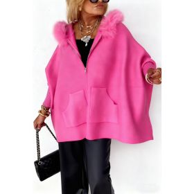 Ins Plush Hooded Cardigan Fashion Warm Pockets Zip-up Knitted Jacket Casual Outerwear Batwing Sleeve Sweater Women's Clothing (Option: Pink-XS)