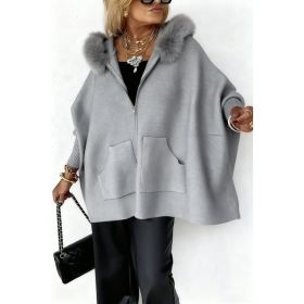 Ins Plush Hooded Cardigan Fashion Warm Pockets Zip-up Knitted Jacket Casual Outerwear Batwing Sleeve Sweater Women's Clothing (Option: Gray-L)
