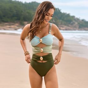Solid Color Stitching Metal Buckle Swimsuit (Option: 2 Colors-L)