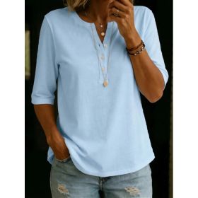 Women's Solid-Colored Cotton Button-Down Half-Sleeve Shirt (Option: Light Blue-3XL)