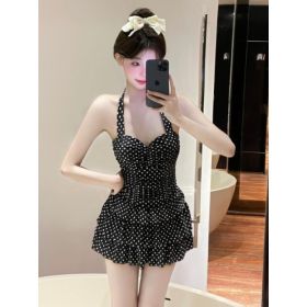Women's Retro Polka-Dot One-Piece Swimsuit (Option: Black-XL)
