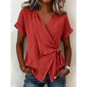 Women's Casual Lapel Collar Lace-Up Short-Sleeve Top (Option: Red-3XL)
