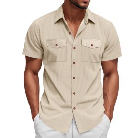Loose Heavy Lapel Corduroy Workwear Short Sleeve Shirt (Option: Apricot-L)