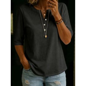 Women's Solid-Colored Cotton Button-Down Half-Sleeve Shirt (Option: Black-3XL)
