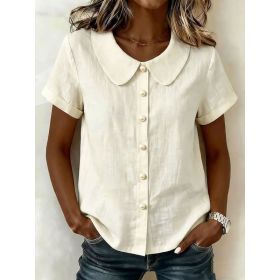 Womens Solid-Colored Short-Sleeve Casual Loose Cotton-Linen Shirt (Option: Apricot-L)