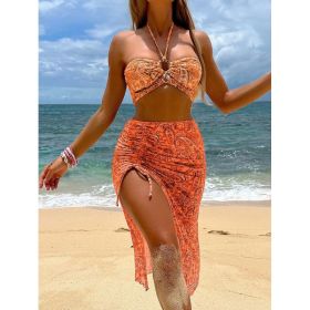 Womens 3-piece Mesh Split-print Swimsuit (Option: Orange Red-L)