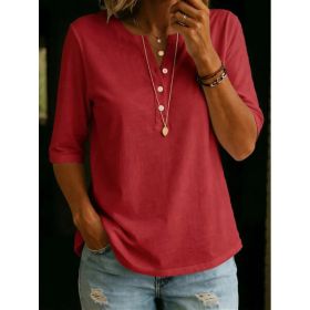 Women's Solid-Colored Cotton Button-Down Half-Sleeve Shirt (Option: Wine Red-L)