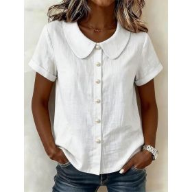 Womens Solid-Colored Short-Sleeve Casual Loose Cotton-Linen Shirt (Option: White-L)