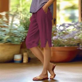 Casual Loose-fit Cotton-linen Drawstring Shorts With Pockets (Option: Wine Red-L)