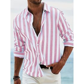 Striped Print Shirt Casual Loose Long-sleeved Shirt Men's Clothing (Option: HDCS05 Pink-L)