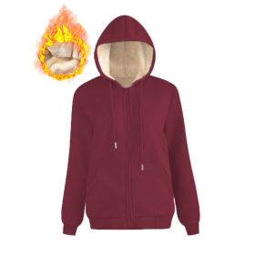 Warm Berber Fleece Pocket Hooded Sweatshirt Coat (Option: Wine Red Thread Zipper-L)