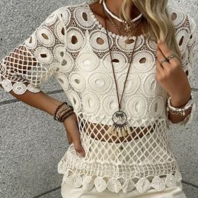 Resort-Style Sun-Protective Crochet Hollow-Out Crew-Neck Half-Sleeve Top (Option: Apricot-M)